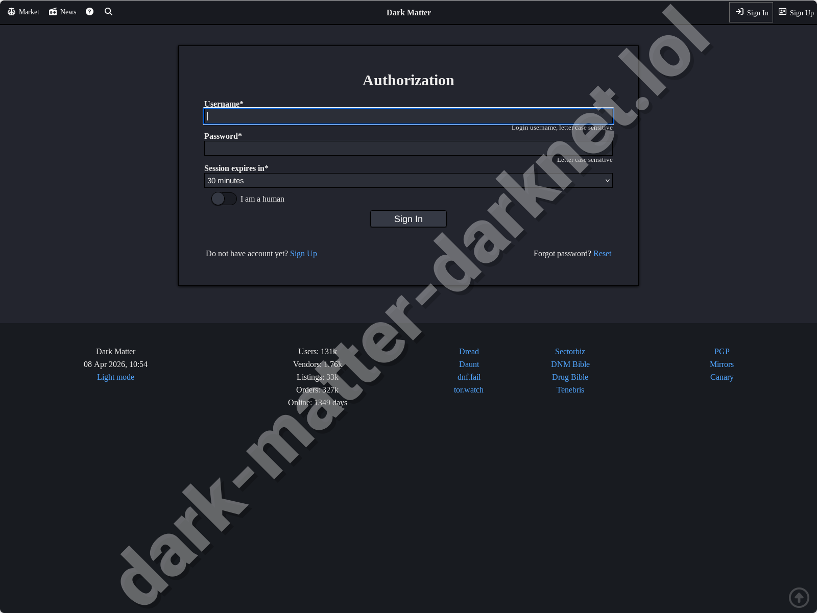 Dark Matter Market login form interface